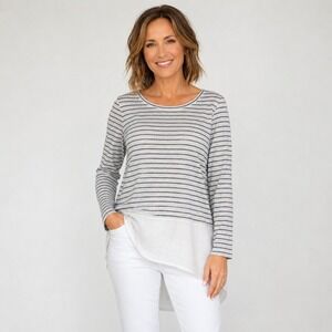 120% Lino Striped Tunic Top Womens XS Blue Gray Linen Stretch Relaxed  Coastal